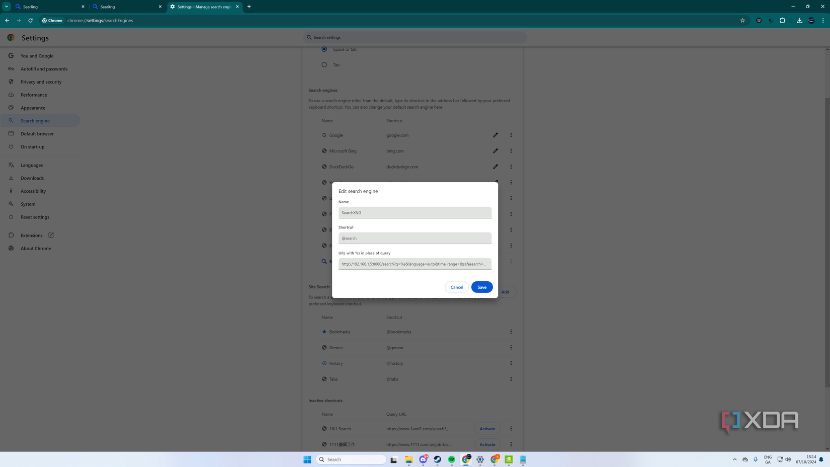 Search XNG set as default search in Chrome