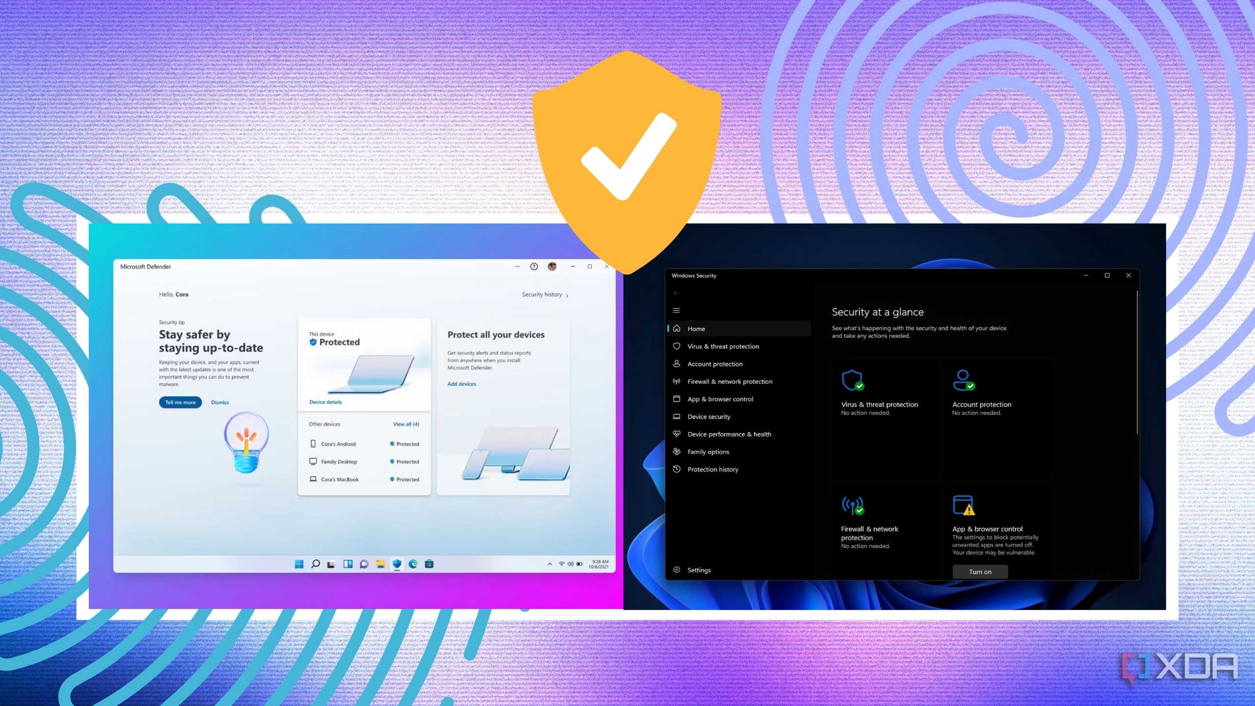 Screenshots showing Microsoft Defender and Windows Security homepages