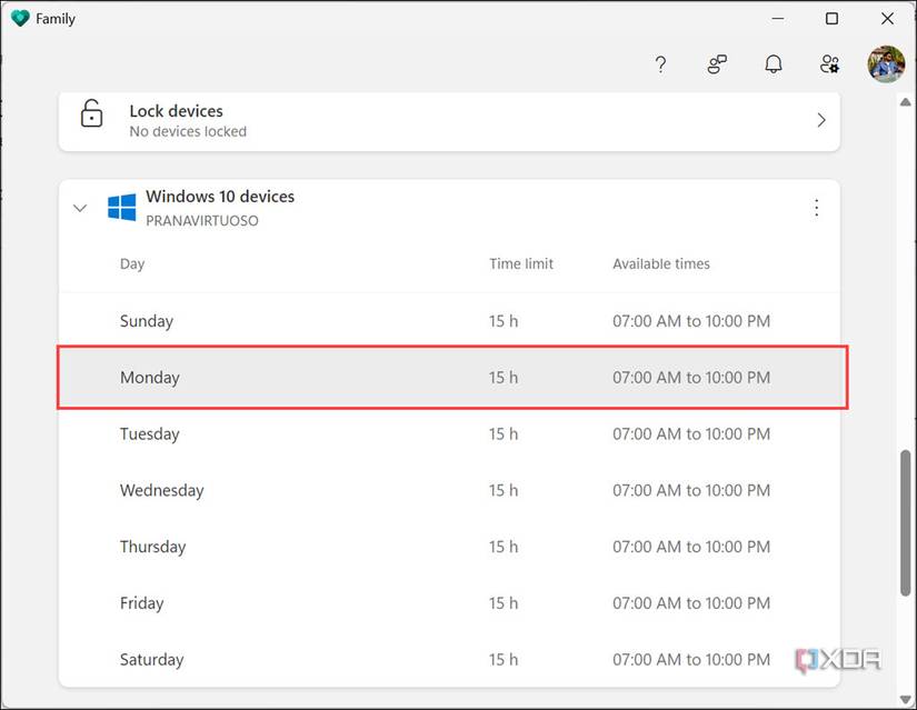 Select any day of the week to set time limit