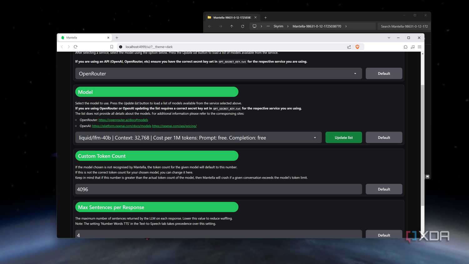 Mantella's web UI