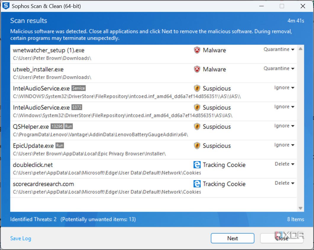 Sophos scan and clean scan results