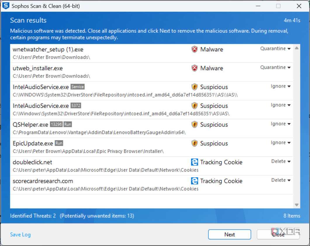 Sophos scan and clean scan results
