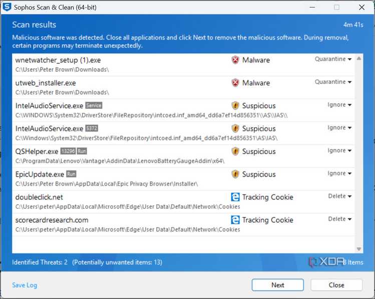 Sophos scan and clean scan results