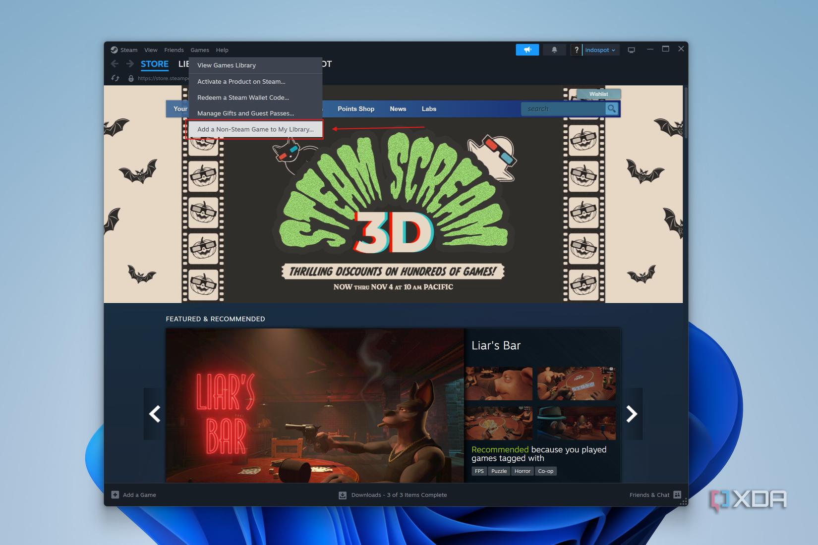 Screenshot of Steam showing the option to add a non-Steam game to the library