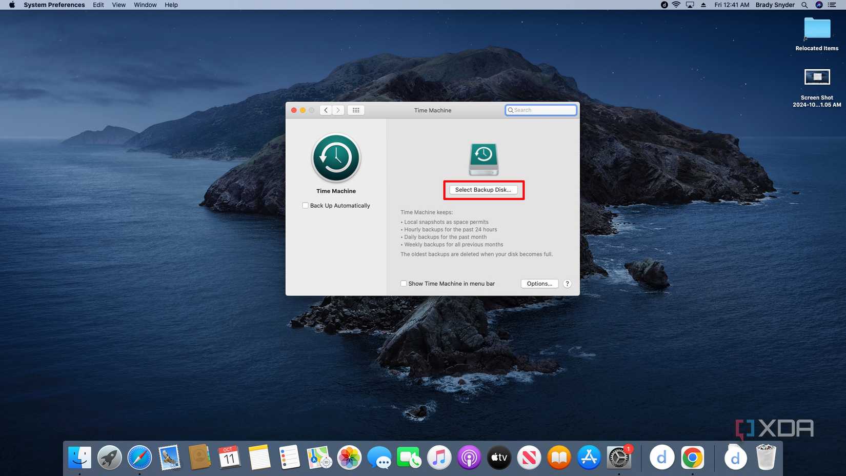 The Select Backup Disk button in System Preferences.