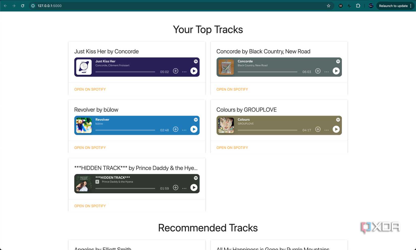Listing top tracks in Spotify using Spotify API, showing five songs
