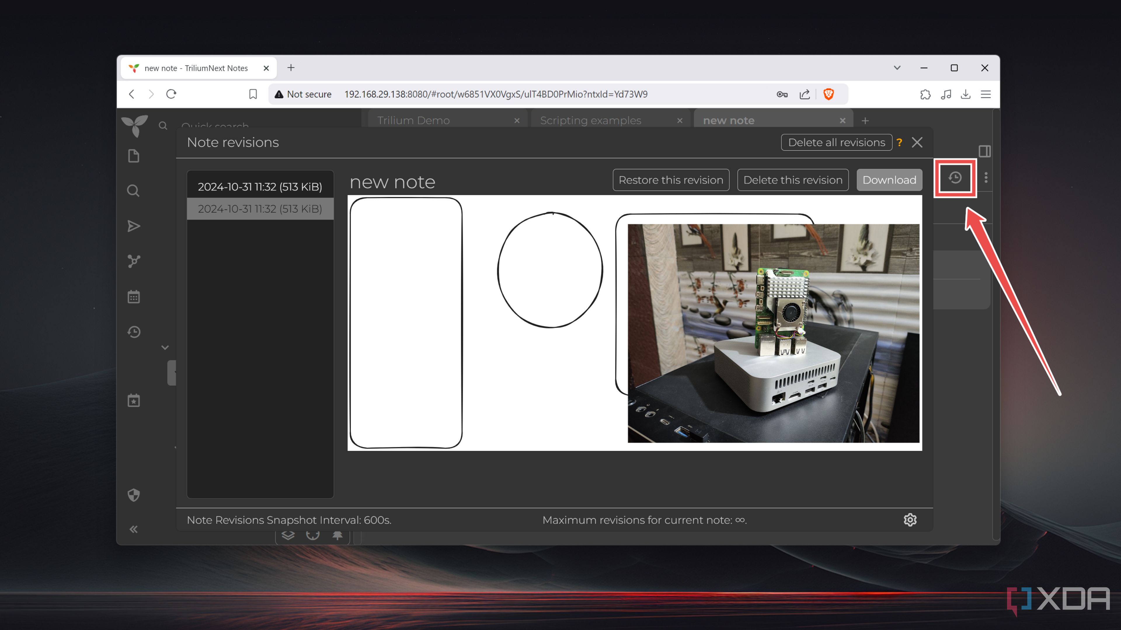 The Note Revisions button in TriliumNext
