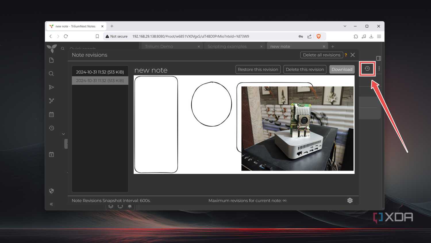 The Note Revisions button in TriliumNext
