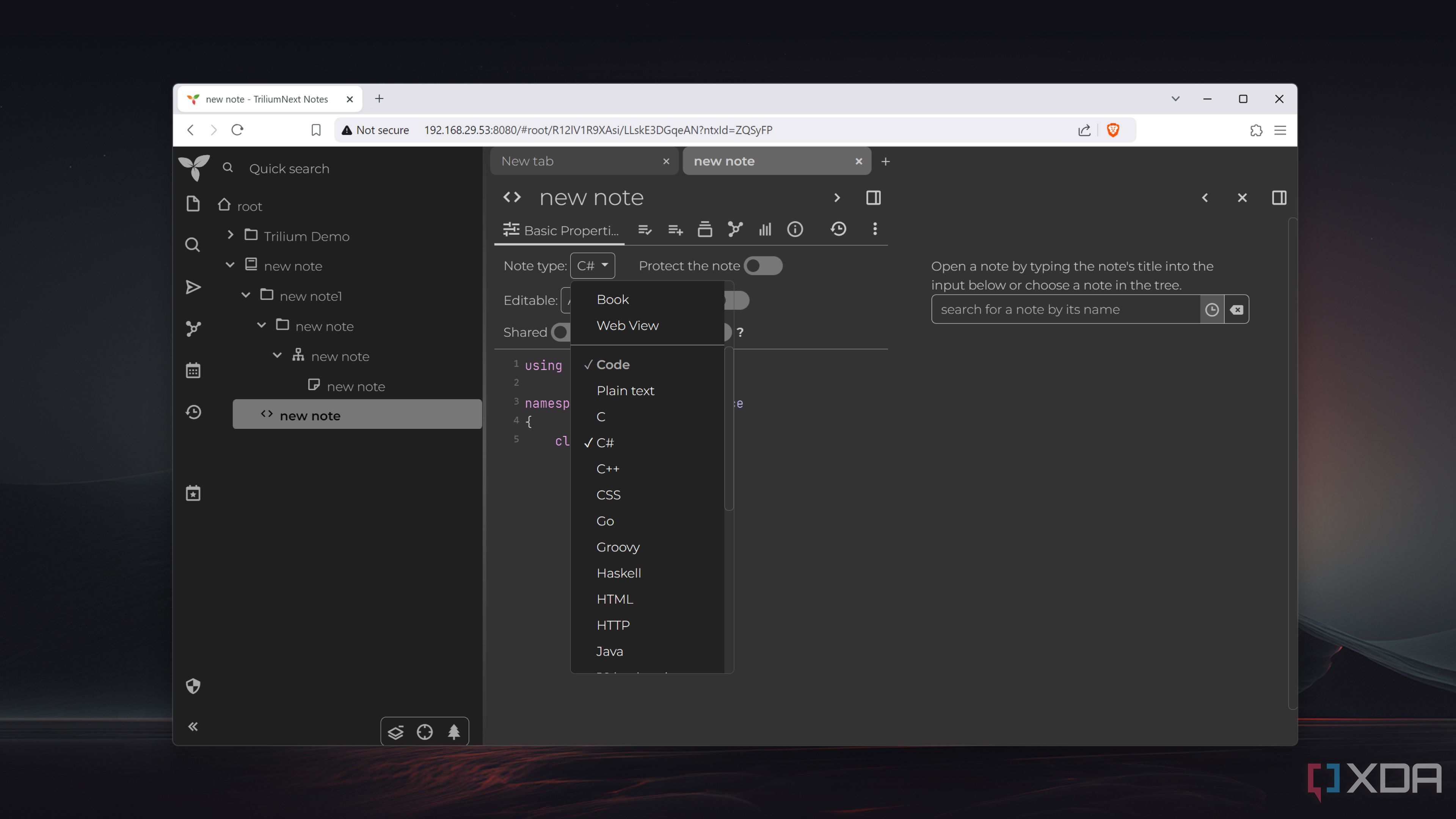 The Code category in TriliumNext