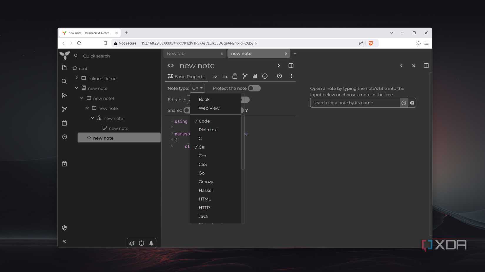 The Code category in TriliumNext
