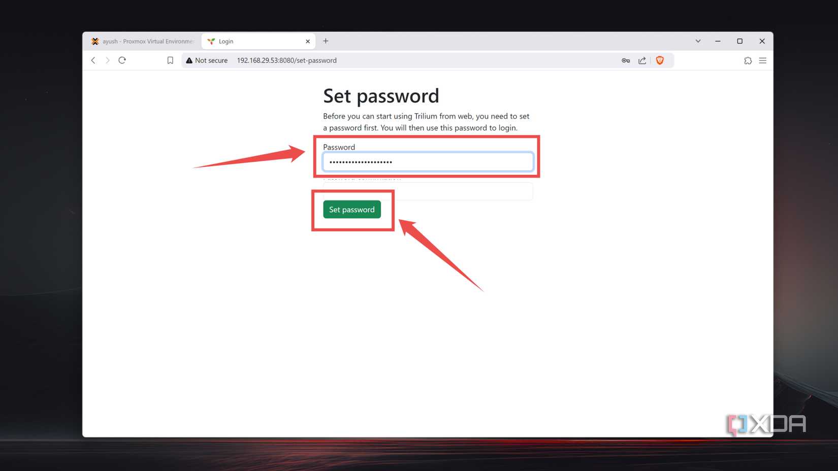 Entering the password into the TriliumNext web UI