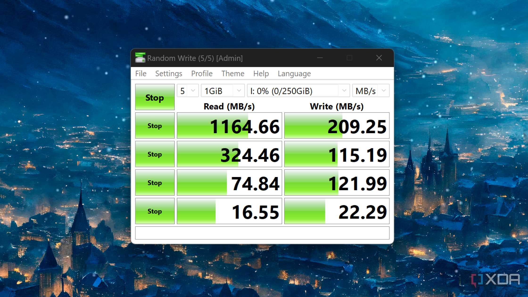CrystalDiskMark running on an iSCSI drive in TrueNAS Core