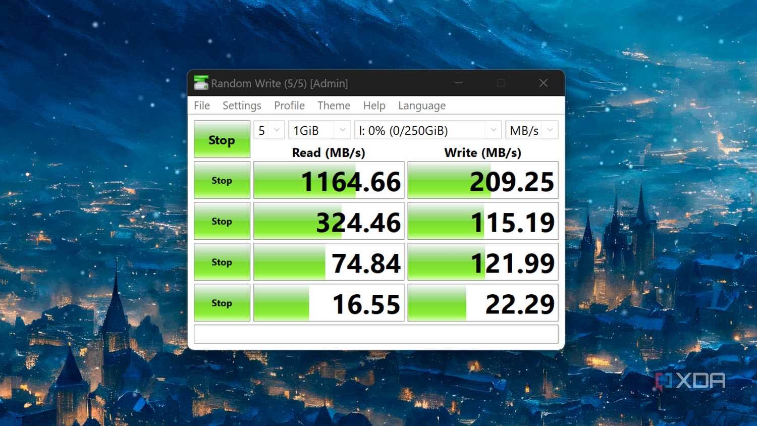 CrystalDiskMark running on an iSCSI drive in TrueNAS Core