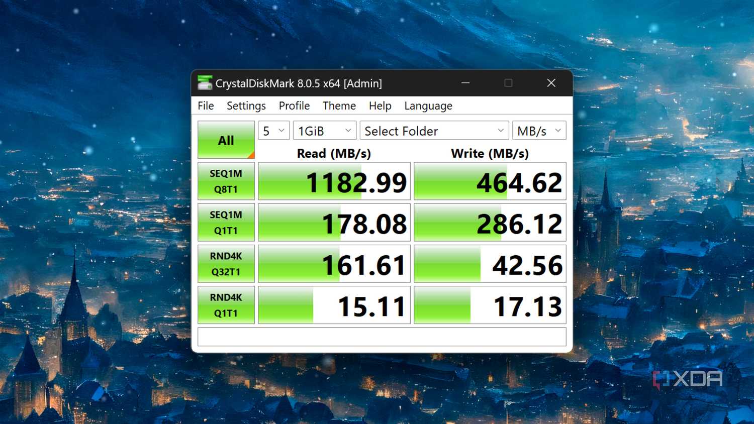 CrystalDiskMark running on an SMB drive in TrueNAS Core