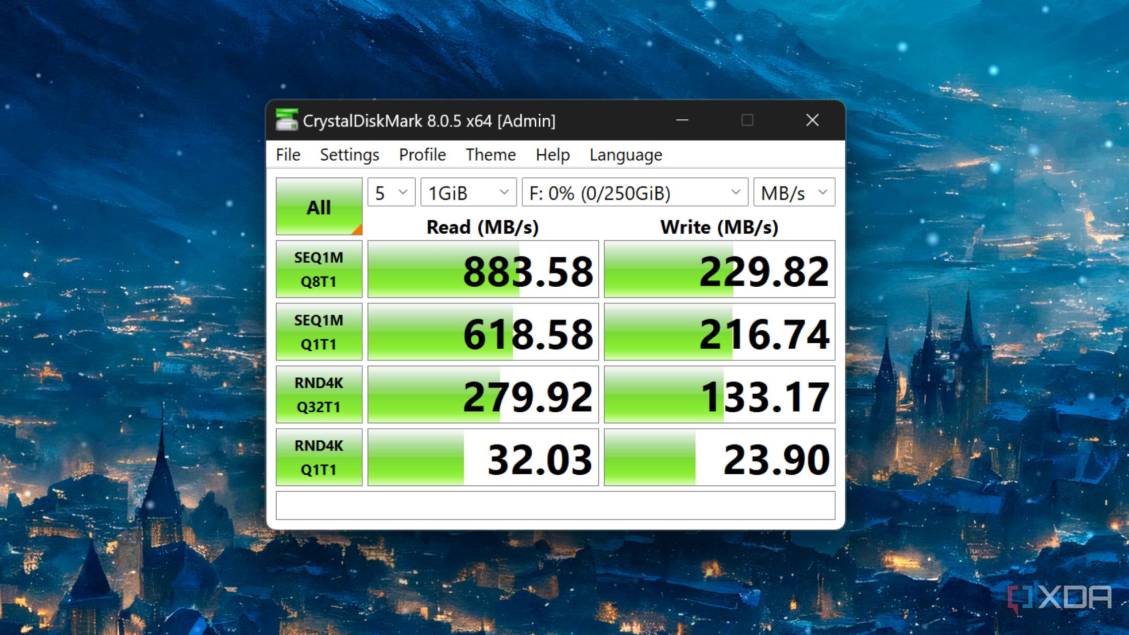 CrystalDiskMark running on an iSCSI drive in TrueNAS Scale