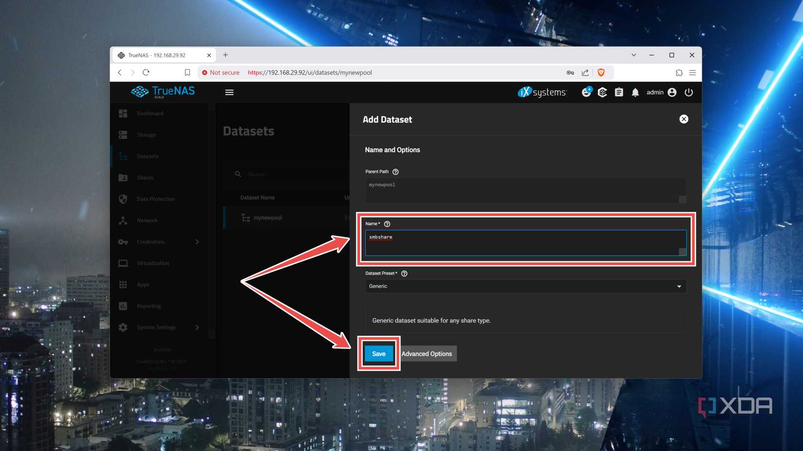 Adding a new dataset in the TrueNAS Scale web UI