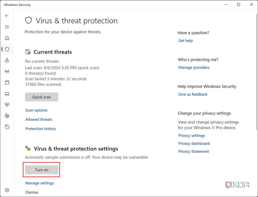 Turn on virus and threat protection of Windows Defender