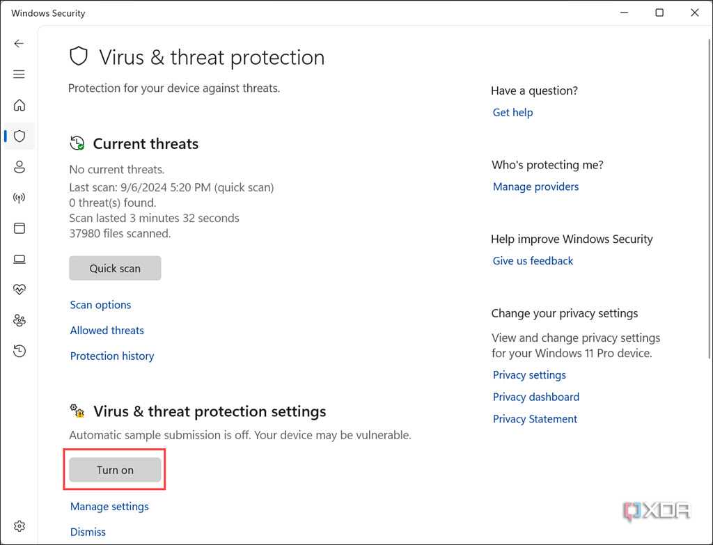 Turn on virus and threat protection of Windows Defender