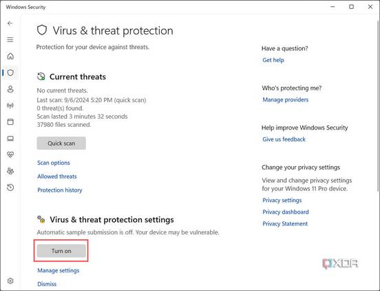 Turn on virus and threat protection of Windows Defender