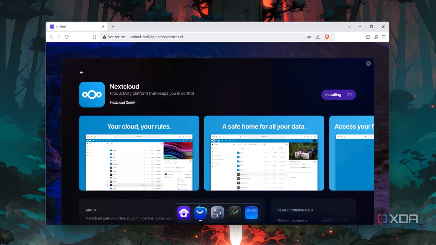 Downloading Nextcloud from the UmbrelOS app store