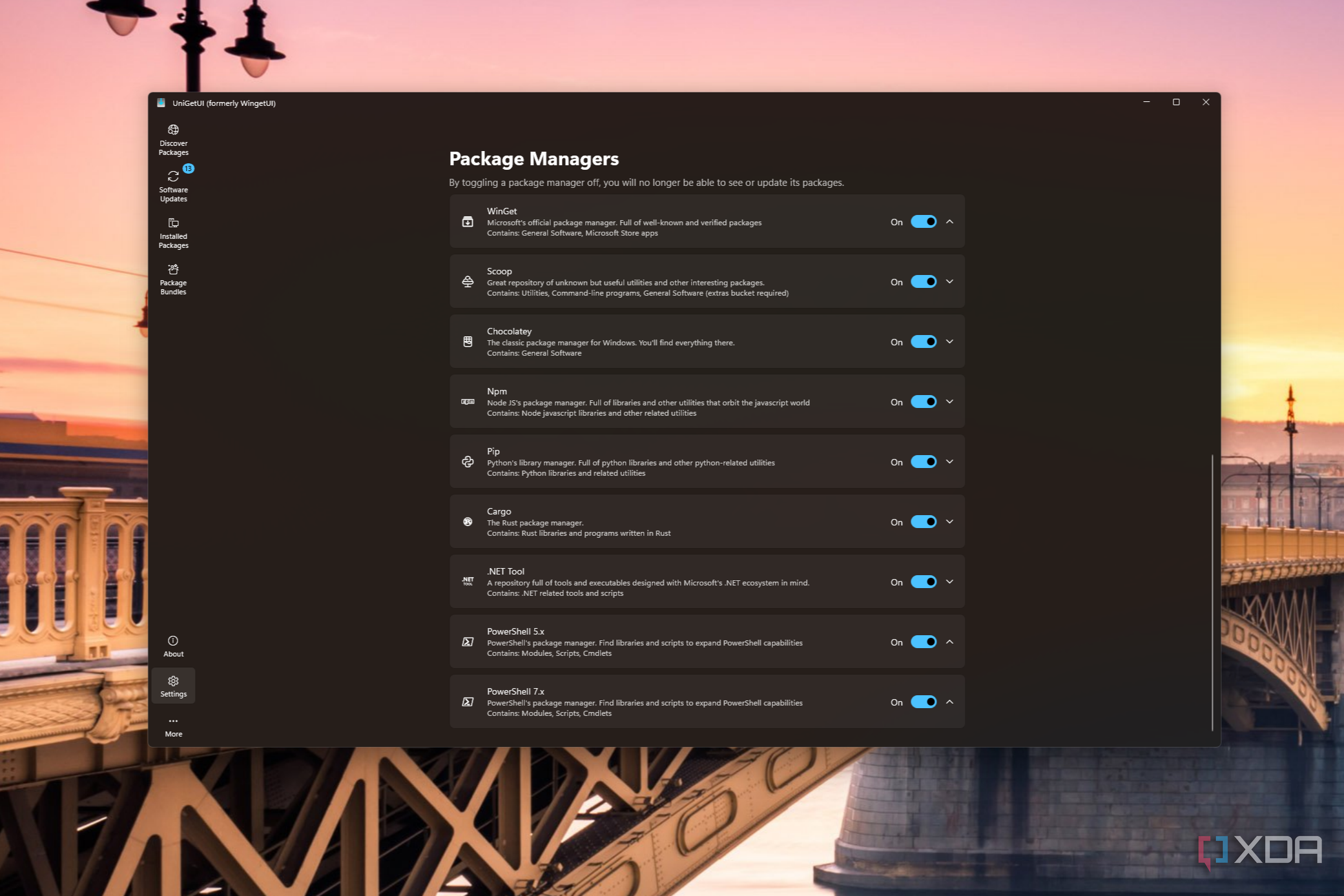 Screenshot of UniGetUI settings showing all the available package managers