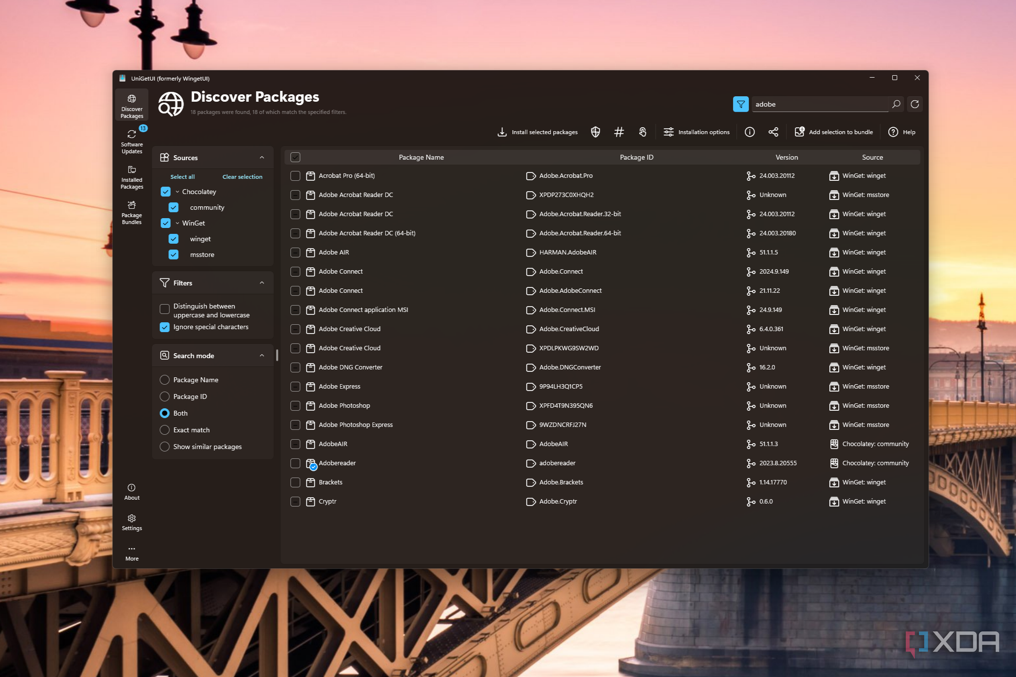 Screenshot of UniGetUI showing search results for Adobe