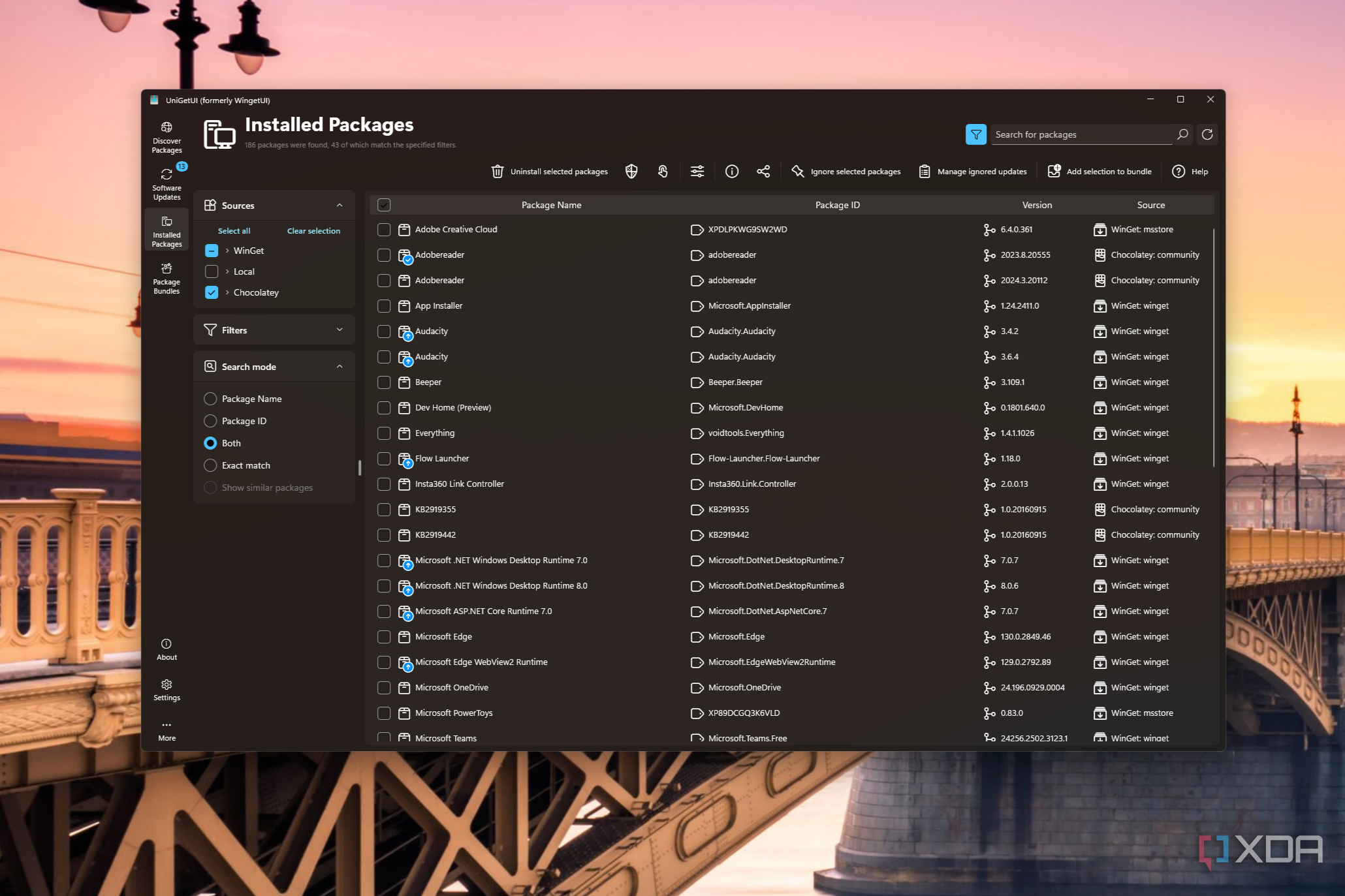 Screenshot of UniGetUI showing a list of installed packages on a device