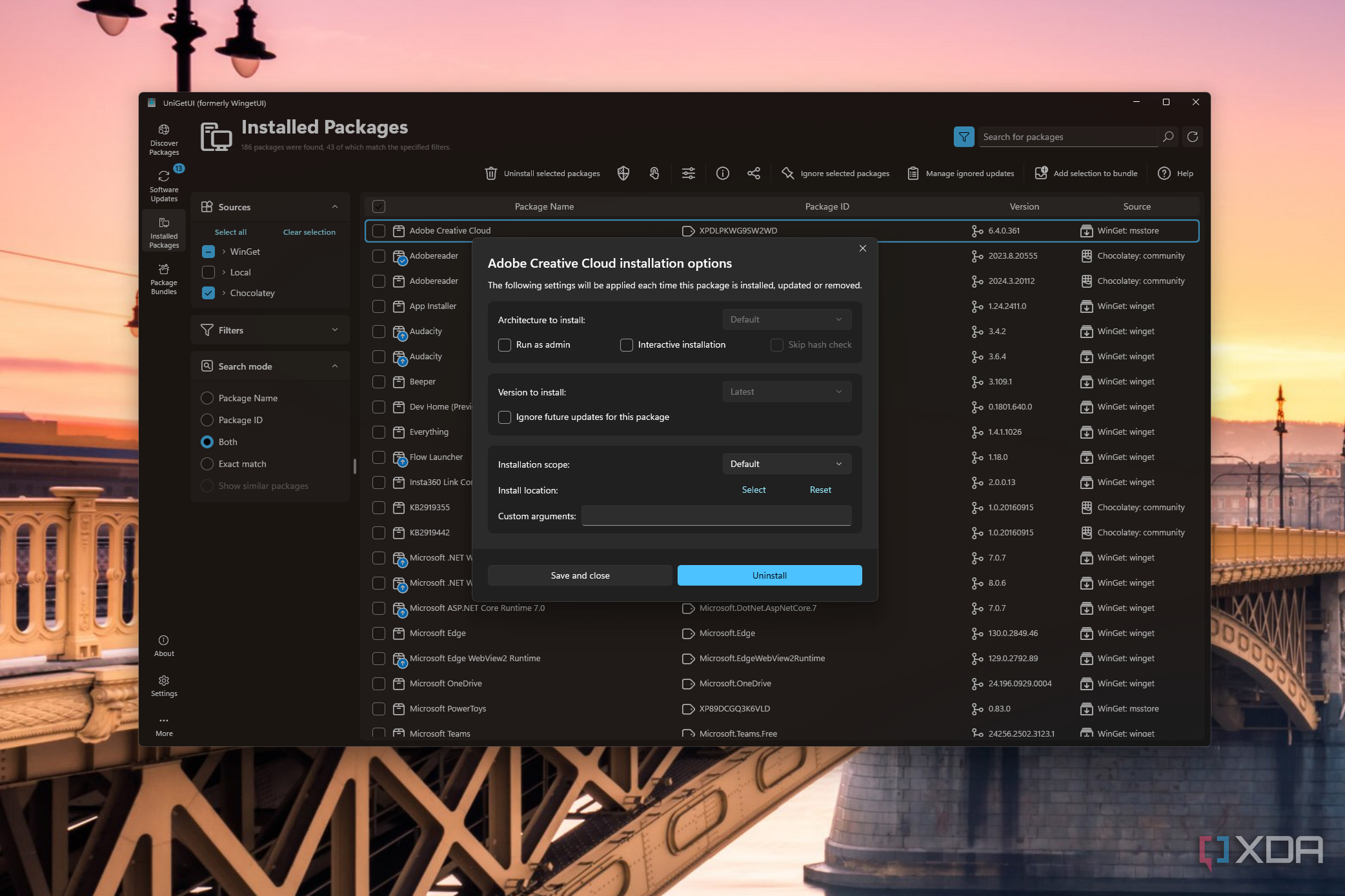 Screenshot of UniGetUI showing settings for installing or running commands through the integrated package managers