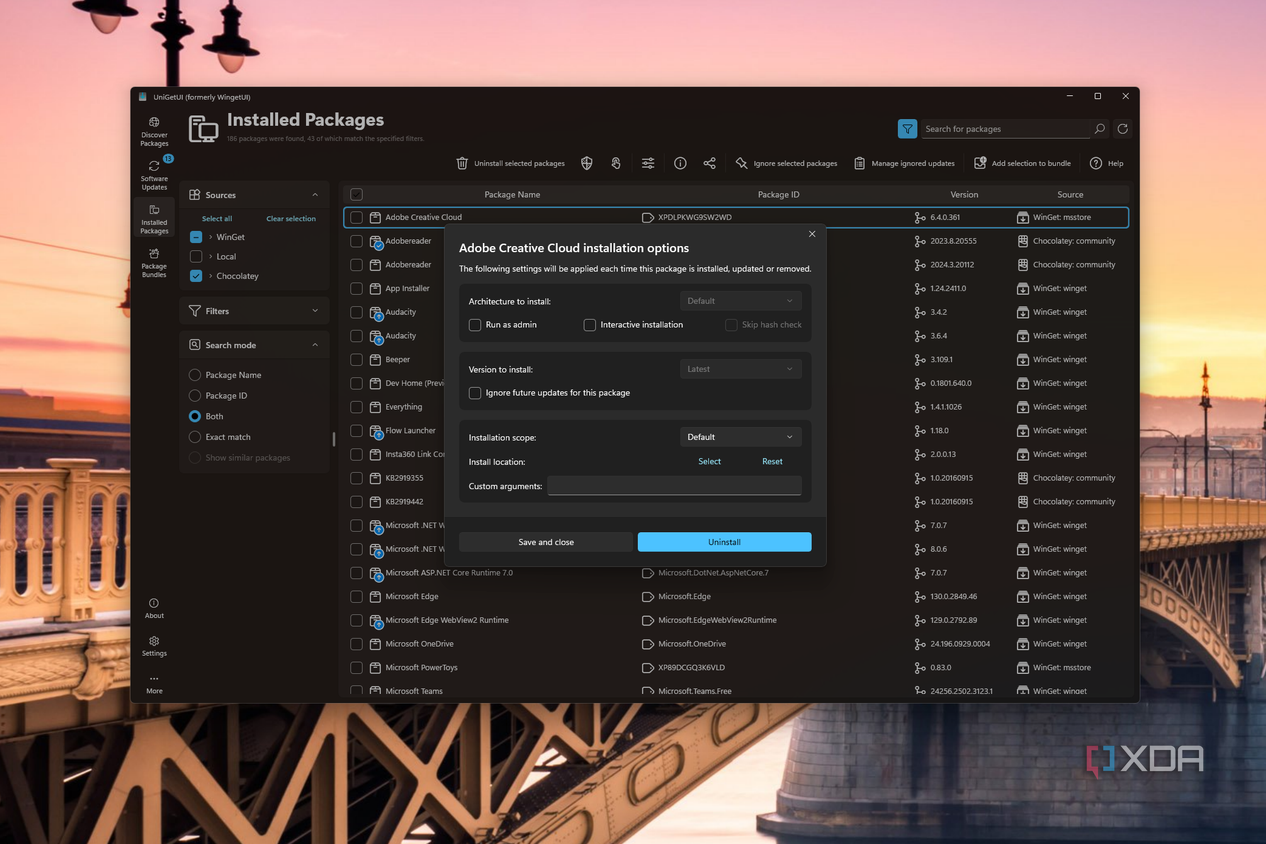 Screenshot of UniGetUI showing settings for installing or running commands through the integrated package managers