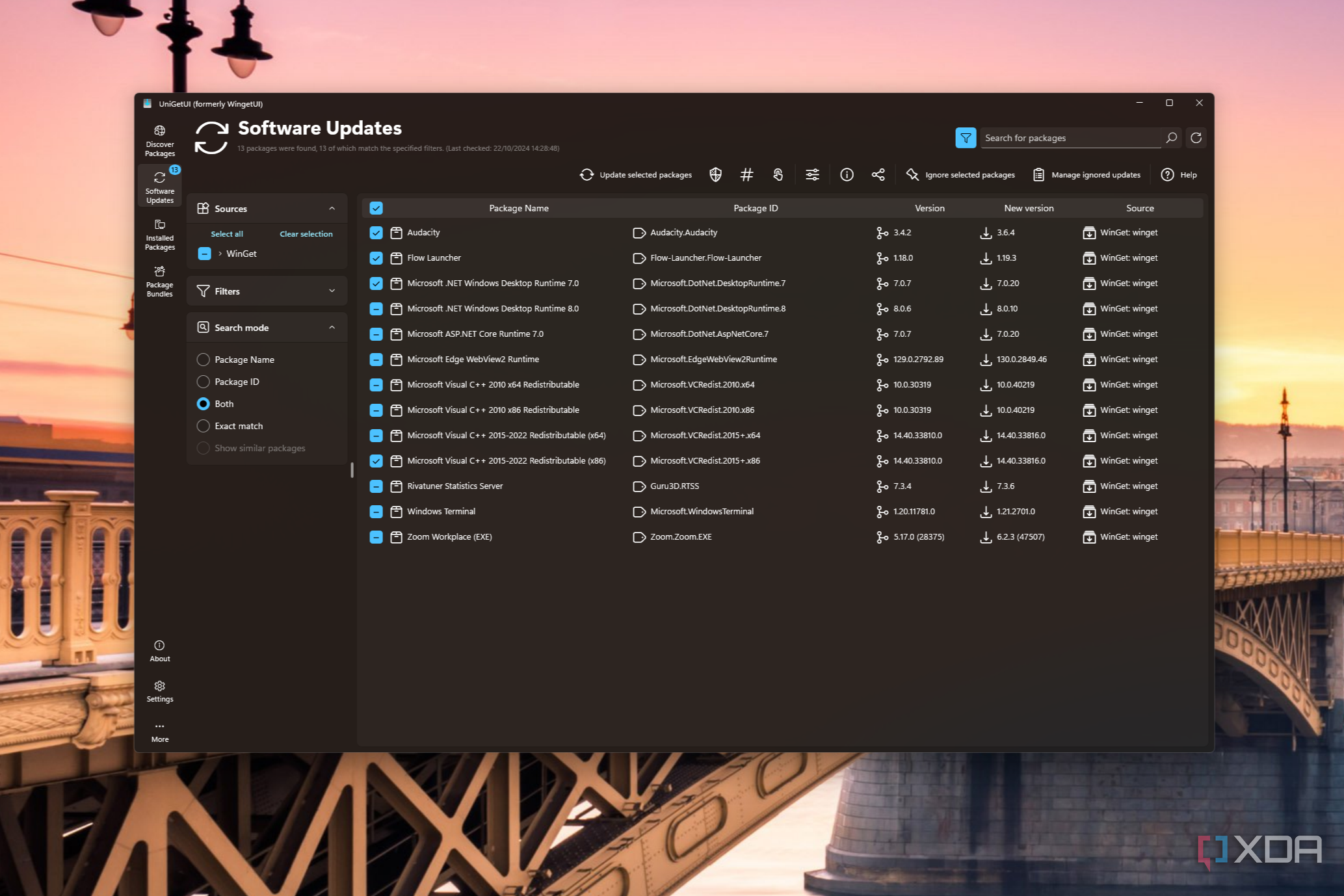 Screenshot of UniGetUI showing a list of available updates for installed apps