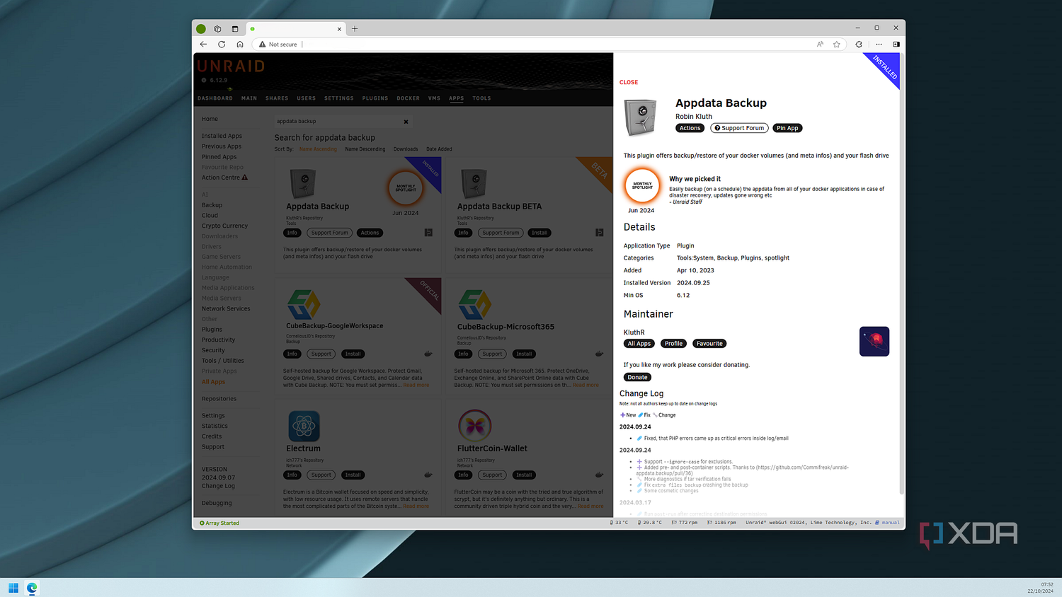 Unraid app store appdata backup information