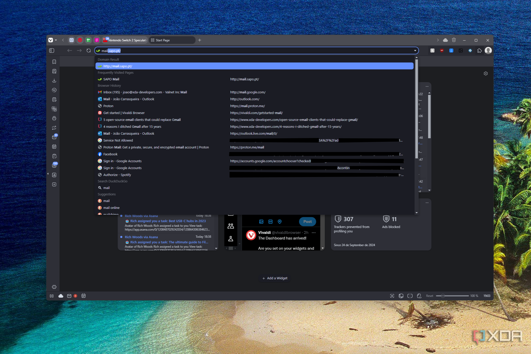 Screenshot of Vivaldi showing a suggestion in the address bar