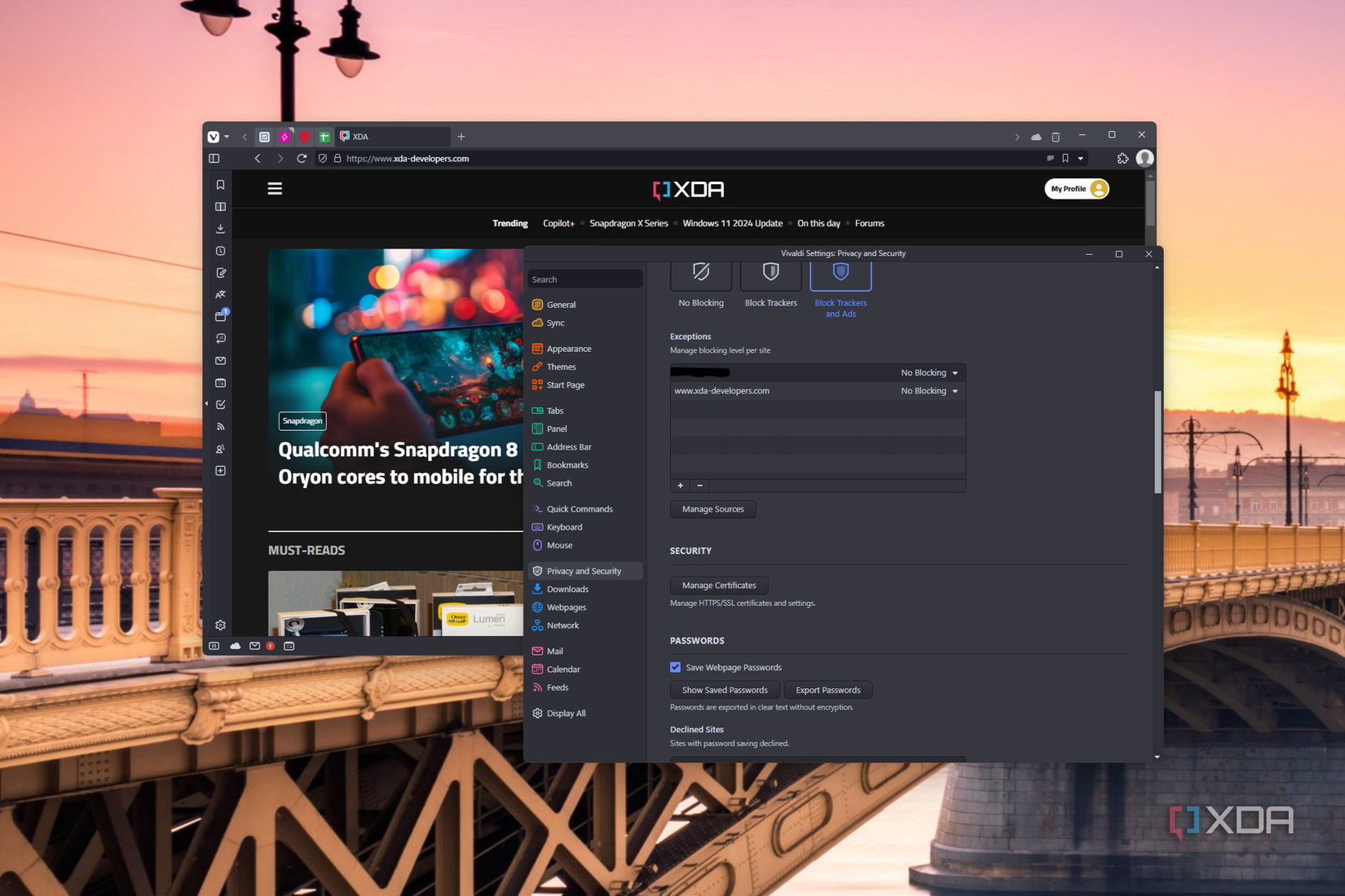 Screenshot of Vivaldi settings showing content blocking exceptions