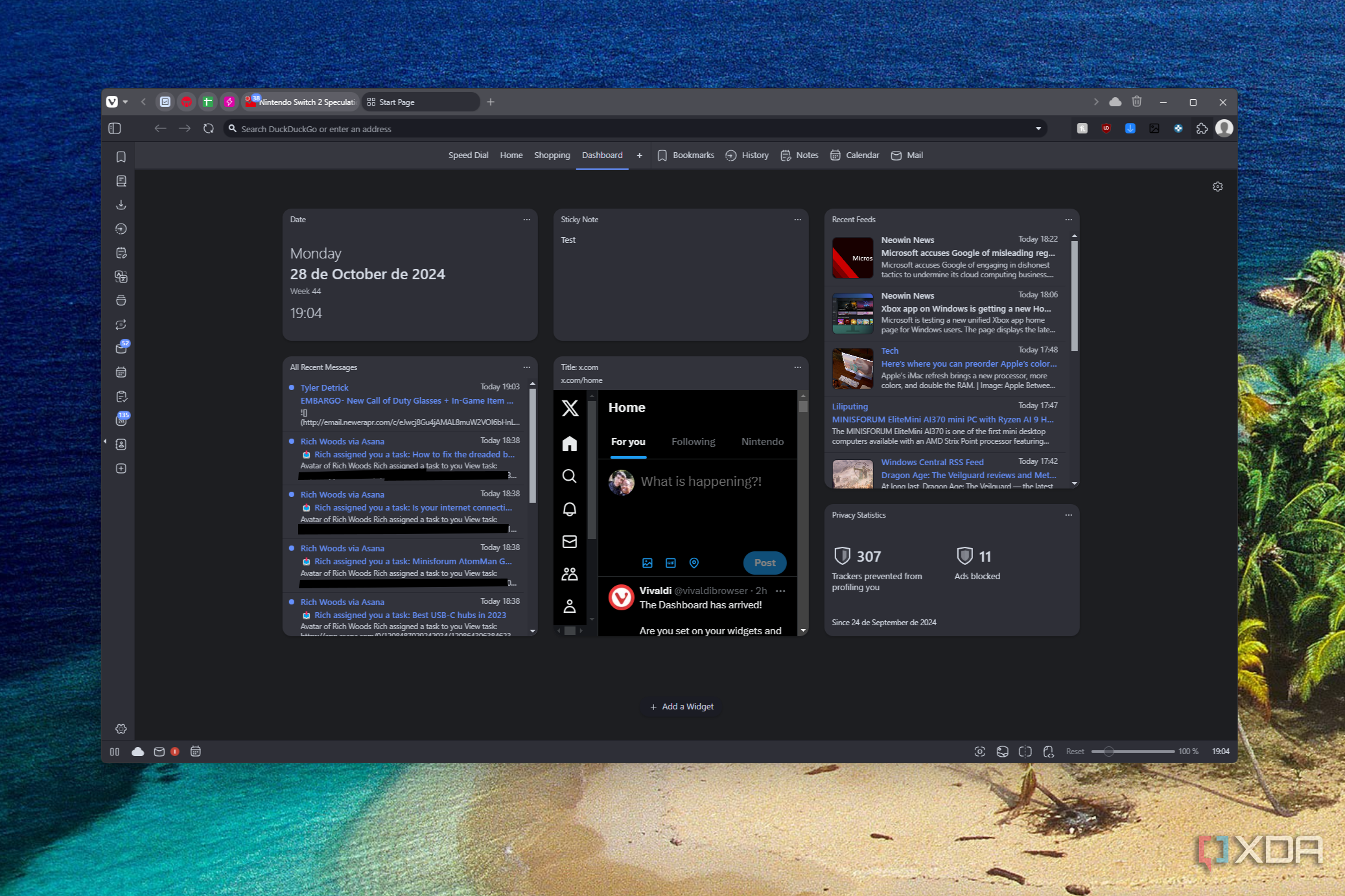 Screenshot of the Vivaldi dashboard with six widgets pinned to it