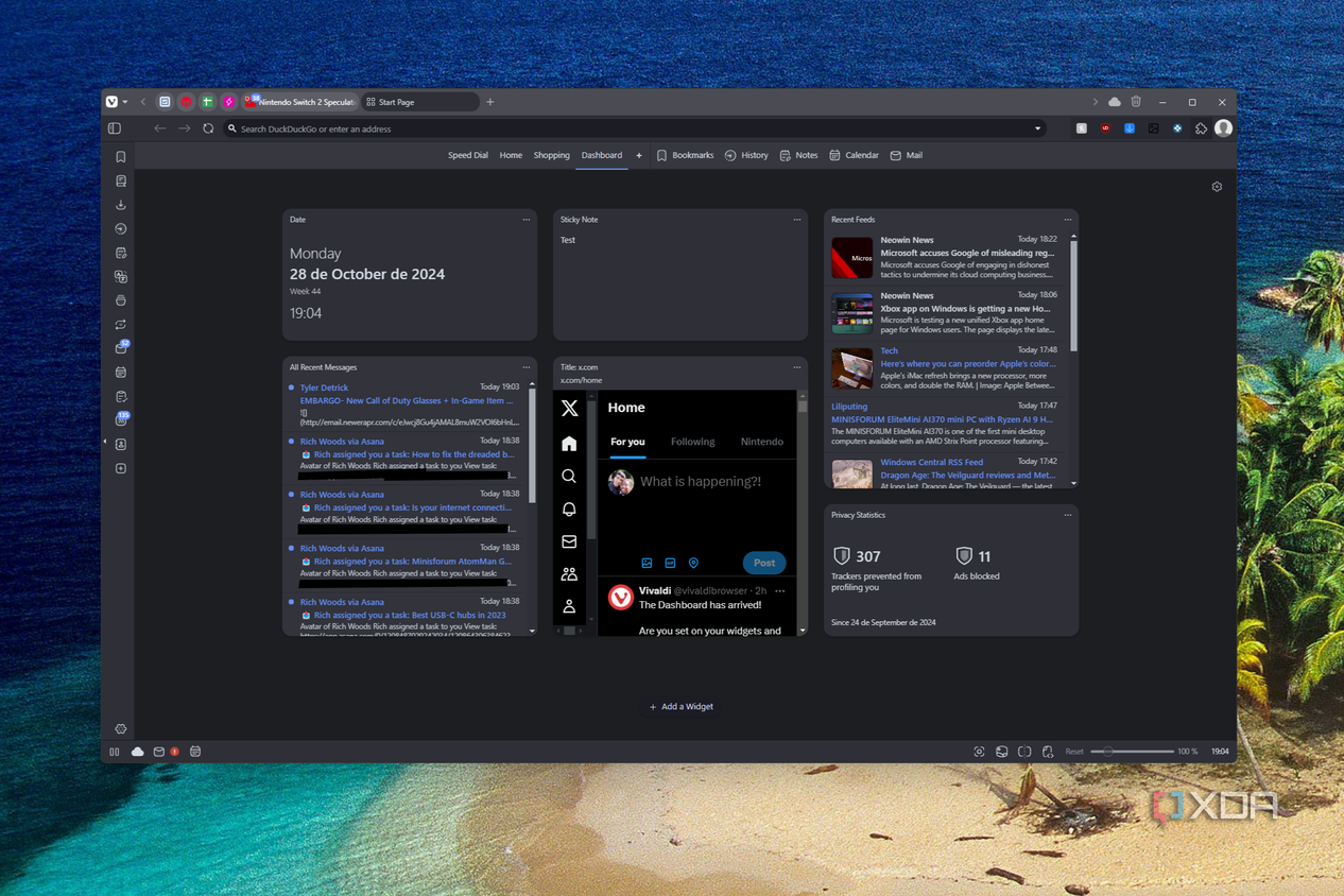 Screenshot of the Vivaldi dashboard with six widgets pinned to it