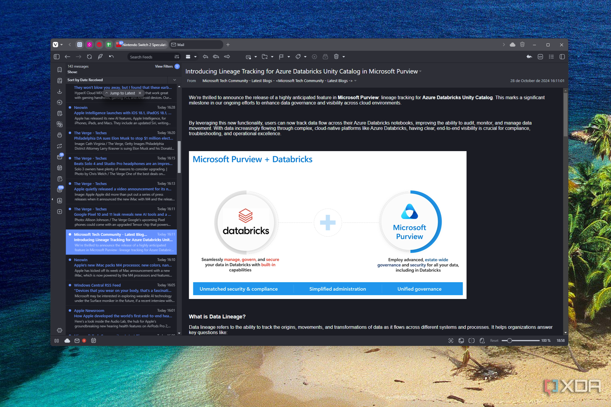 Screenshot of Vivaldis feeds feature displaying an article