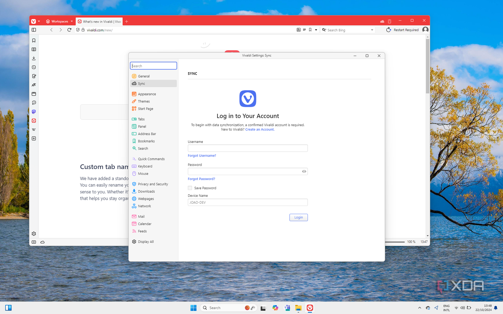 Screenshot of the login screen in Vivaldi