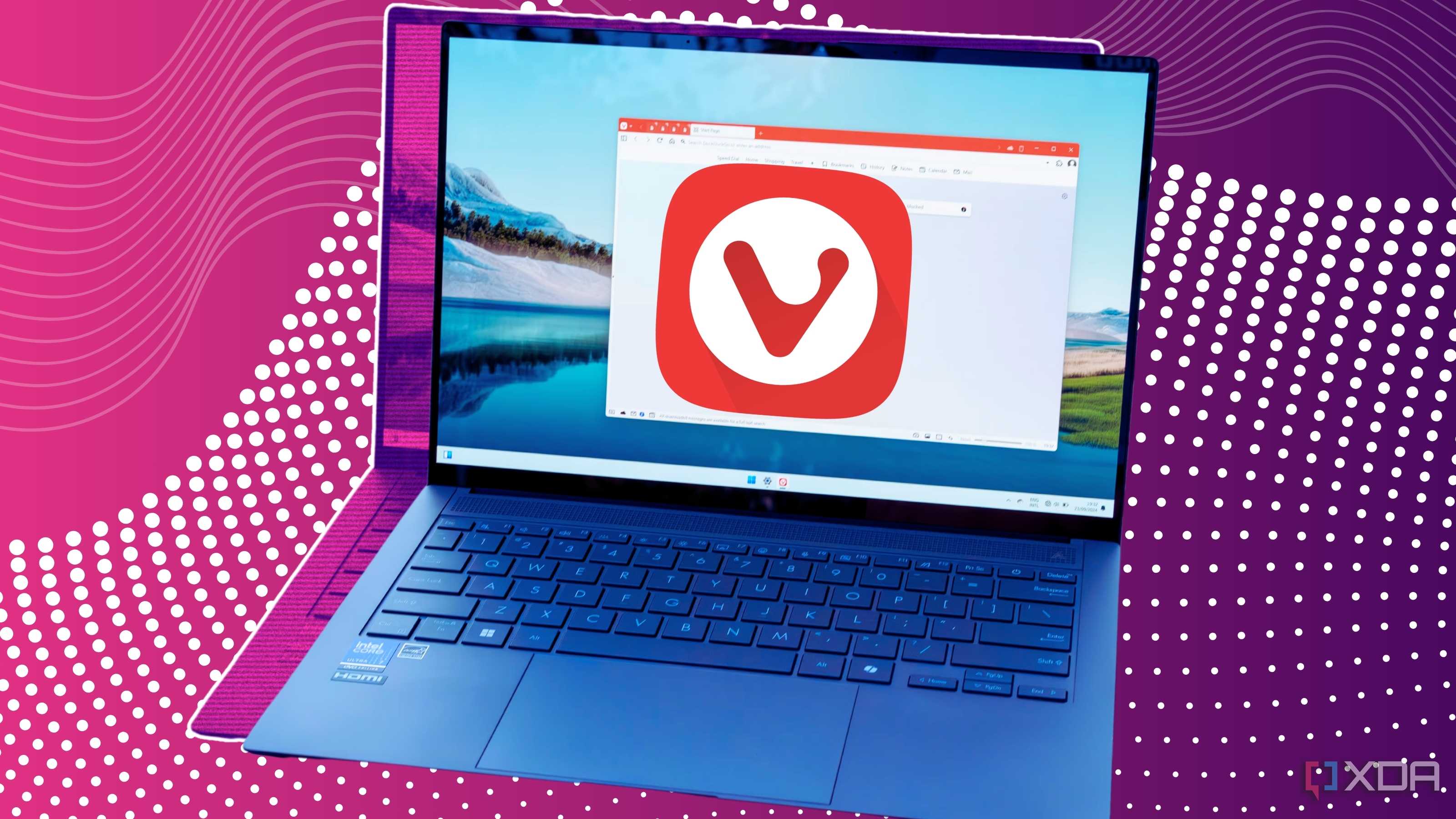 A laptop running Vivaldi with a Vivaldi logo on top of it