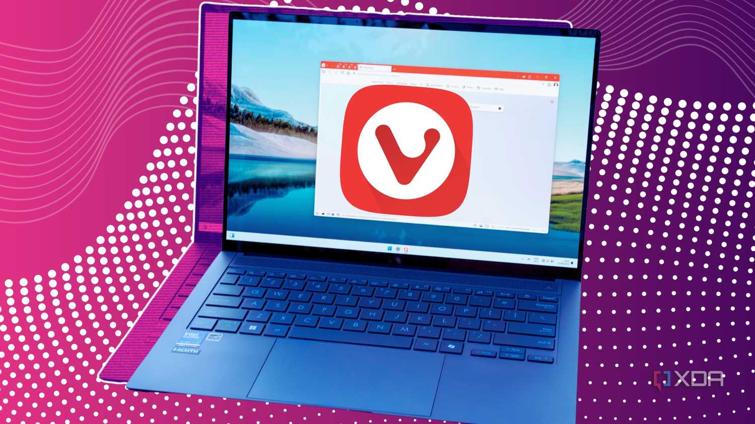 A laptop running Vivaldi with a Vivaldi logo on top of it