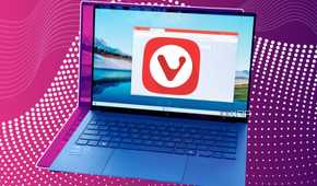 A laptop running Vivaldi with a Vivaldi logo on top of it