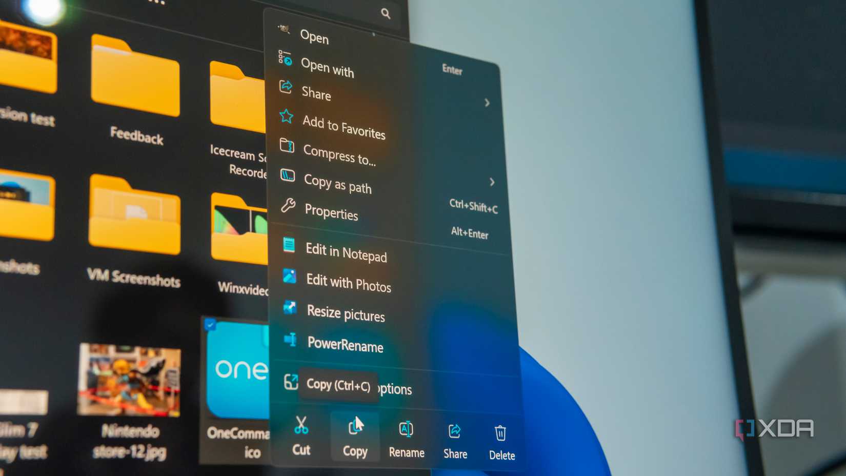 Close-up photo of a screen displaying a Windows 11 context menu
