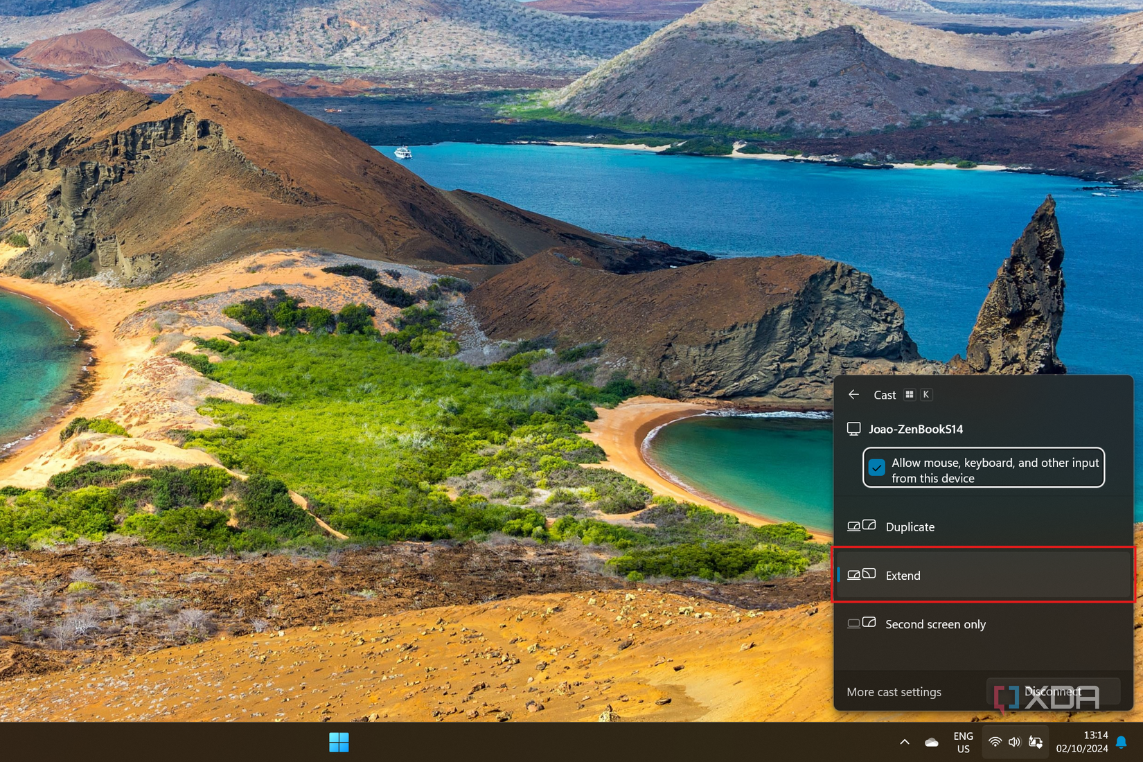 Screenshot of the Cast panel in Windows 11 showing the display options for a wireless display