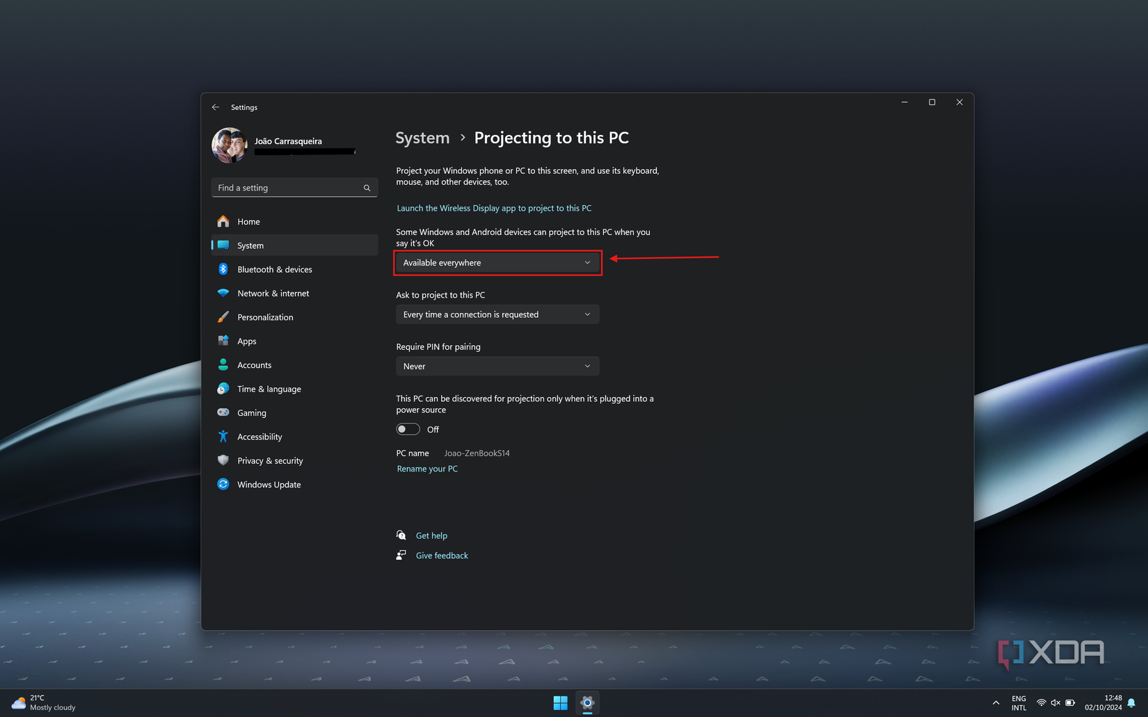 Screenshot of Windows 11 projection settings set to allow other devices to connect on any network