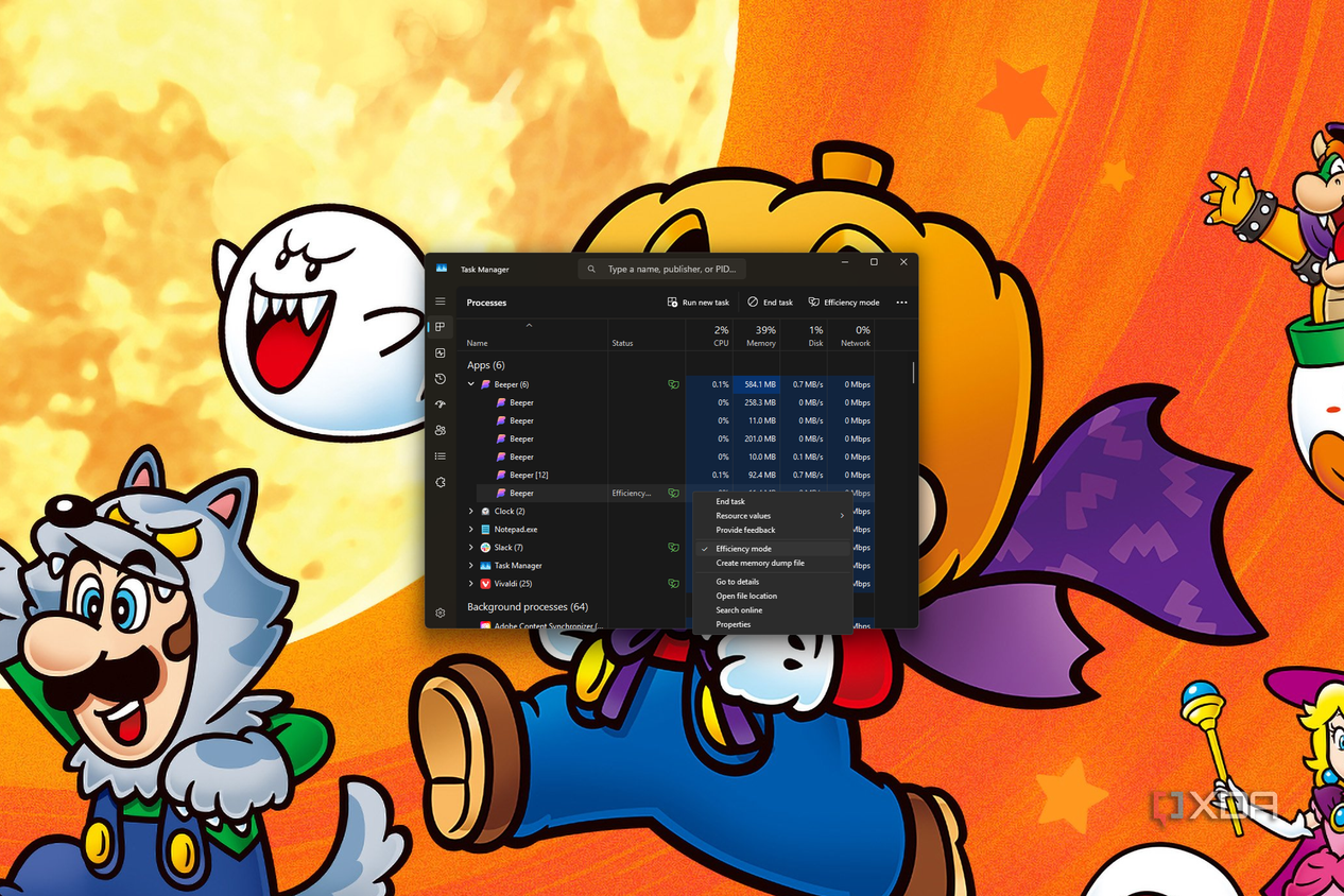 Screenshot of Windows 11 Task manager showing an app running in efficiency mode