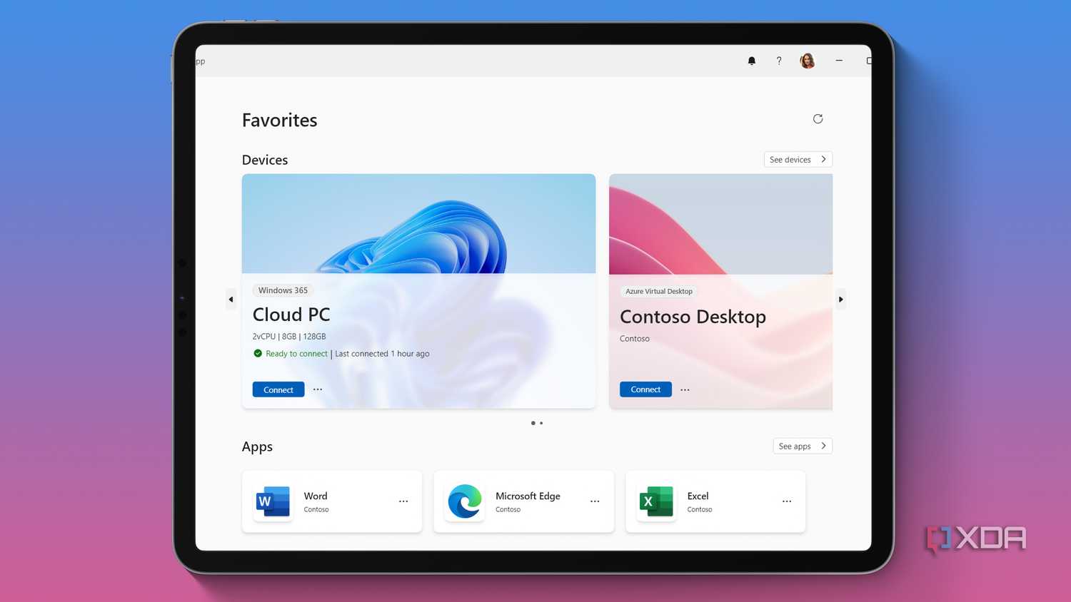 The Windows app running on an iPad Pro against a gradient.