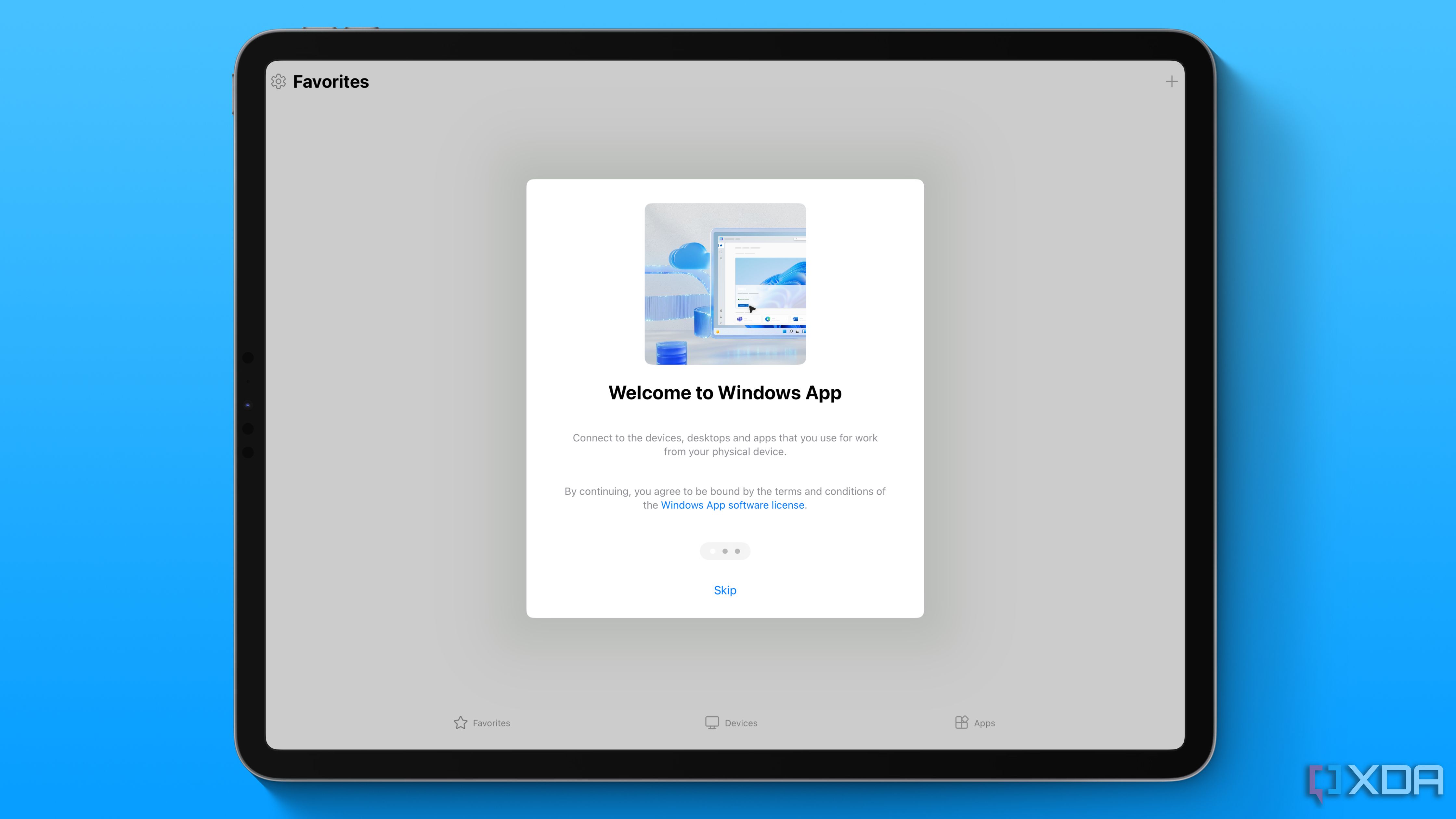 The Windows app setup screen on an iPad Pro.
