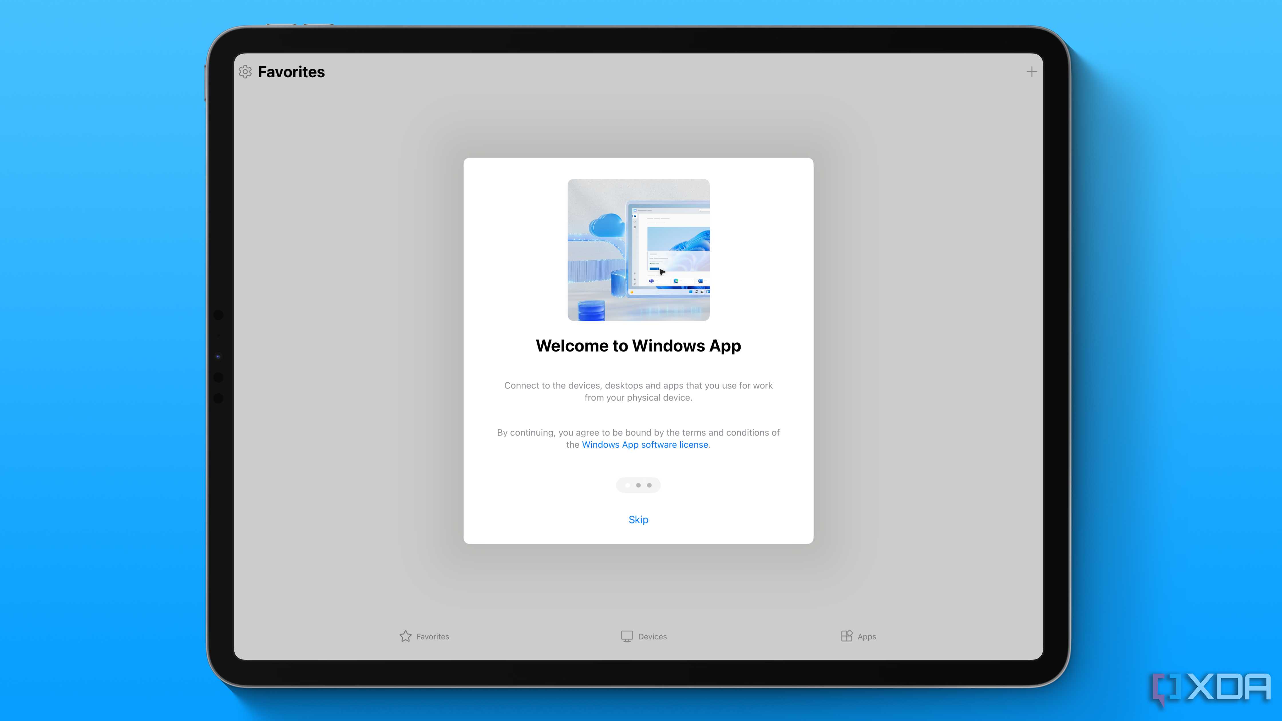 The Windows app setup screen on an iPad Pro.