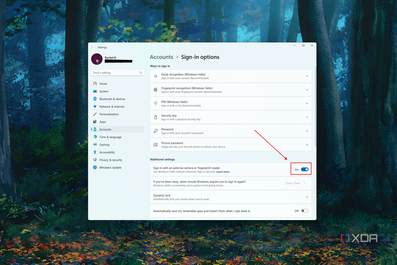 Screenshot of Windows 11 sign-in settings with the toggle for using external devices for Windows Hello turned on