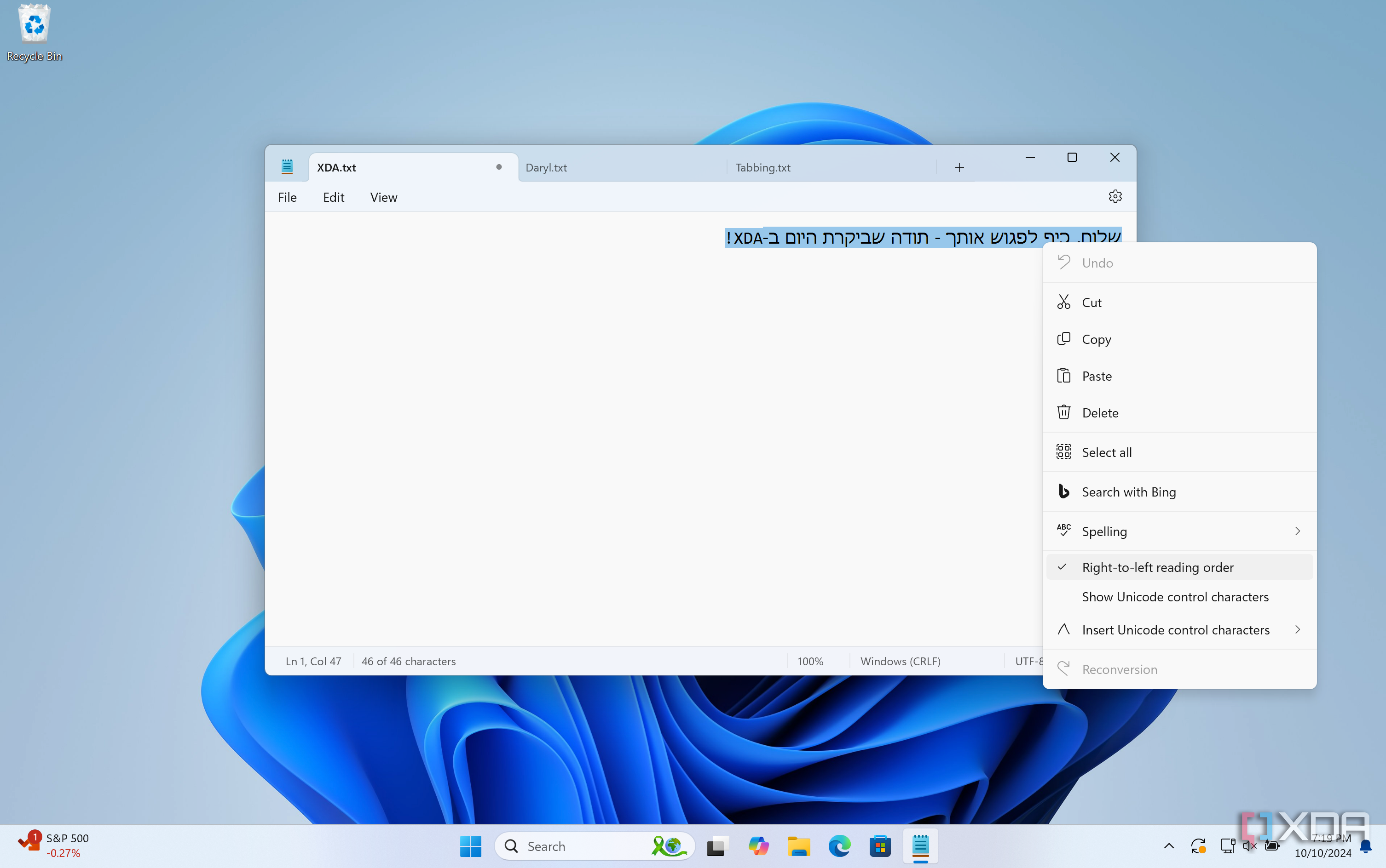 Using Right to Left (RTL) in Windows Notepad