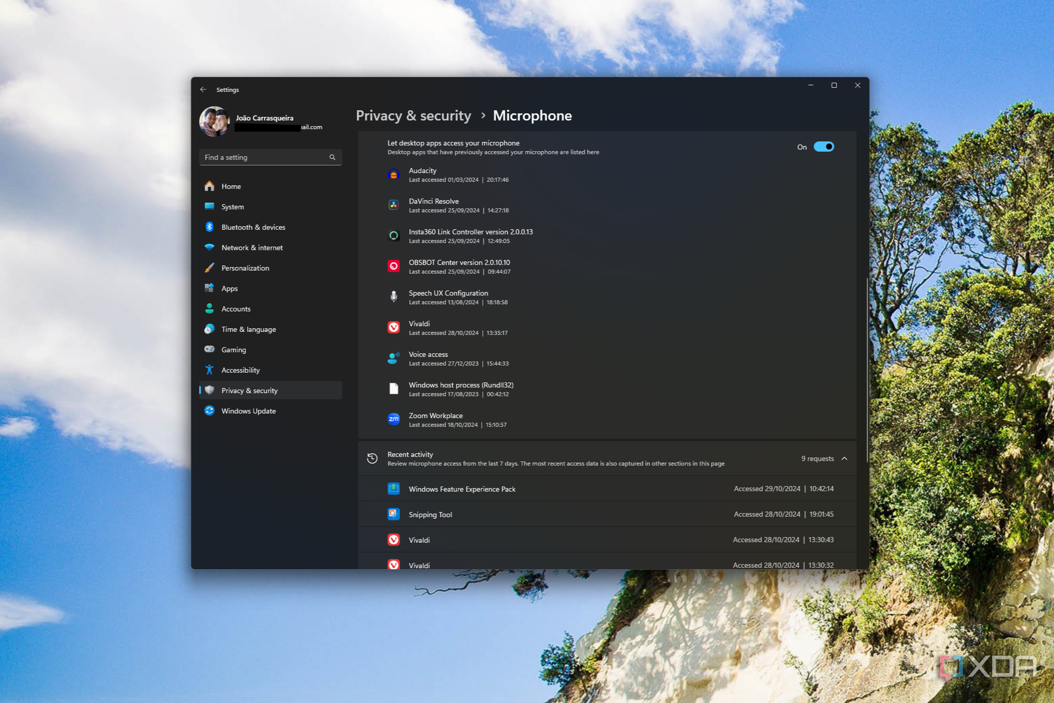 Screenshot of Windows 11 privacy settings showing desktop apps that have accessed the microphone